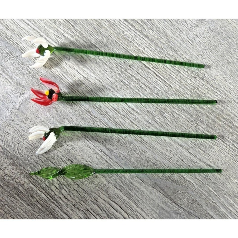 Vtg 4 Hand Blown Glass Swizzle Cocktail Stirring Sticks Flowers Red White Green - Picture 2 of 8
